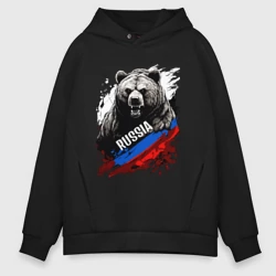 Мужское худи Oversize хлопок Русский медведь на фоне флага России