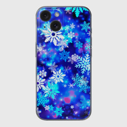 Чехол для iPhone 15 силиконовый с защитой камеры Яркие узоры снежинок
