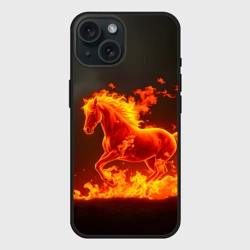 Чехол силиконовый для Apple iPhone 15 матовый Огненная лошадь на темном фоне