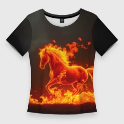 Женская футболка 3D Slim Огненная лошадь на темном фоне