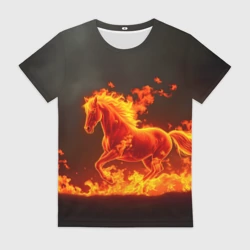 Женская футболка 3D Огненная лошадь на темном фоне