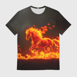 Мужская футболка 3D Огненная лошадь на темном фоне