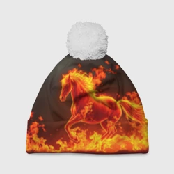 Шапка 3D c помпоном Огненная лошадь на темном фоне