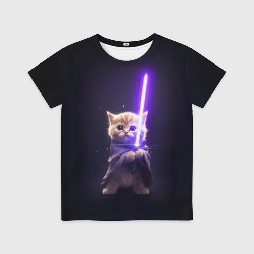 Детская футболка 3D с принтом Котик джедай, вид спереди #2