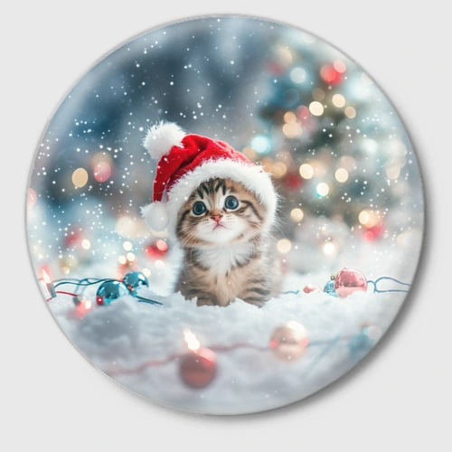 Значок Маленький котенок и елочные игрушки