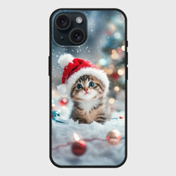 Чехол силиконовый для Apple iPhone 15 матовый Маленький котенок и елочные игрушки