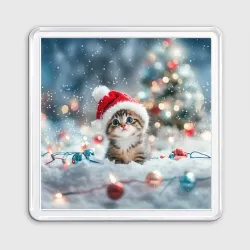 Магнит 55*55 Маленький котенок и елочные игрушки