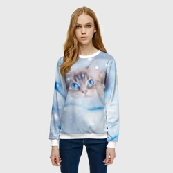 Женский свитшот 3D Пушистая белая кошка с голубыми глазами - фото 2