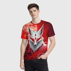 Мужская футболка 3D Японская лиса на красном - фото 2