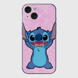 Чехол для iPhone 15 силиконовый с защитой камеры Stitch on a pink background