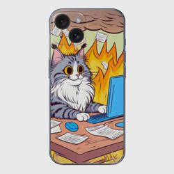 Чехол для iPhone 15 силиконовый с защитой камеры Кот программист в горящей комнате - i'm fine оммаж пародия