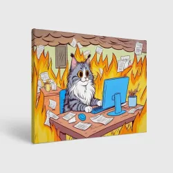 Холст прямоугольный Кот программист в горящей комнате - i'm fine оммаж пародия