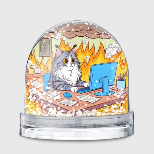 Игрушка Снежный шар Кот программист в горящей комнате - i'm fine оммаж пародия