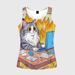 Женская майка 3D Кот программист в горящей комнате - i'm fine оммаж пародия