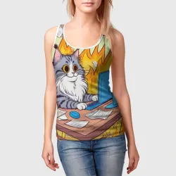 Женская майка 3D Кот программист в горящей комнате - i'm fine оммаж пародия - фото 2