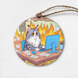Деревянная игрушка круг Кот программист в горящей комнате - i'm fine оммаж пародия