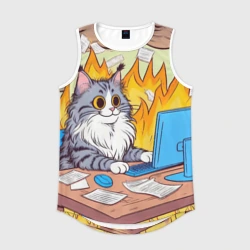 Мужская спортивная майка 3D Кот программист в горящей комнате - i'm fine оммаж пародия