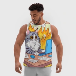 Мужская спортивная майка 3D Кот программист в горящей комнате - i'm fine оммаж пародия - фото 2