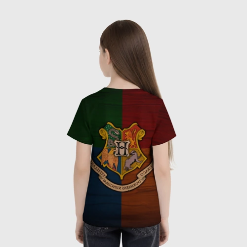 Детская футболка 3D с принтом Hogwarts emblem, вид сзади #2