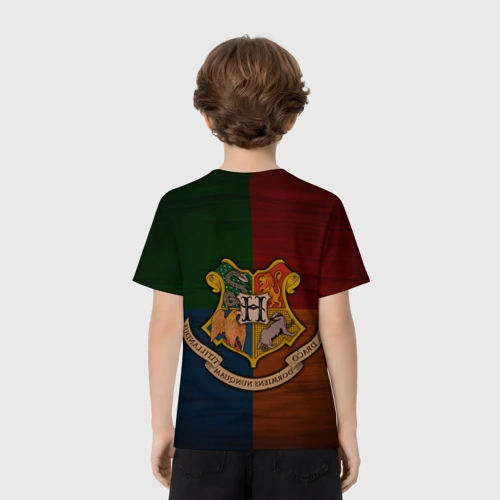 Детская футболка 3D с принтом Hogwarts emblem, вид сзади #2