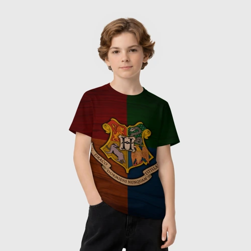 Детская футболка 3D с принтом Hogwarts emblem, вид сбоку #3