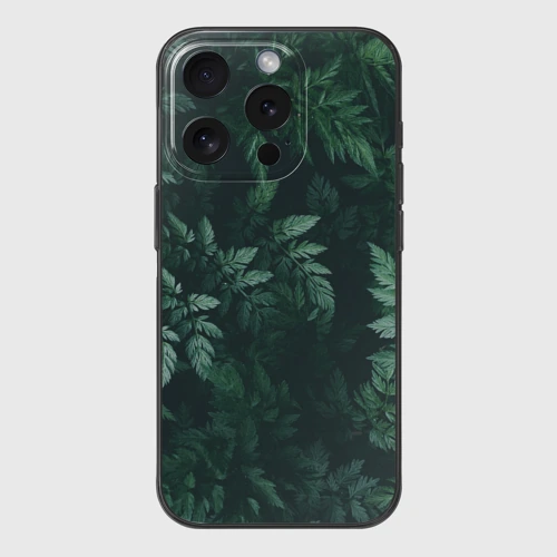 Чехол для iPhone 15 Pro силиконовый с защитой камеры Тёмно зеленые листья