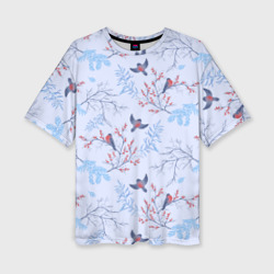 Женская футболка oversize 3D Снегири и зимние ветки