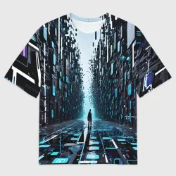 Мужская футболка oversize 3D Человек в цифровом лесу