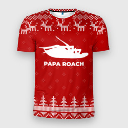 Мужская футболка 3D Slim Новогодний Papa Roach с оленями