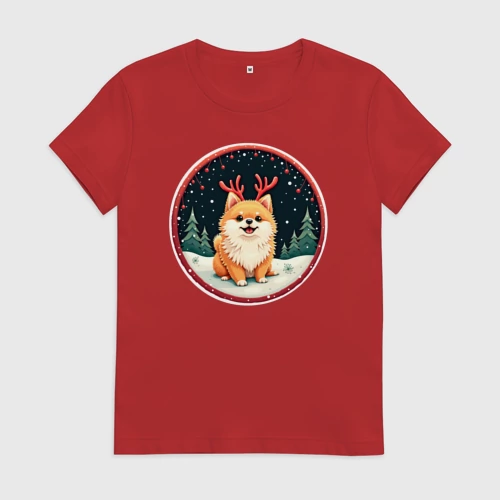 Женская футболка хлопок с принтом Милый померанец с оленьими рожками, вид спереди #2