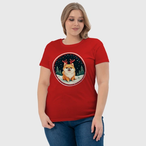 Женская футболка хлопок с принтом Милый померанец с оленьими рожками, фото #4