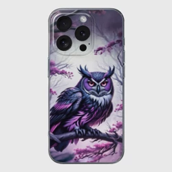 Чехол для iPhone 16 Pro Max силиконовый с защитой камеры Черно фиолетовая сова сидит на ветке
