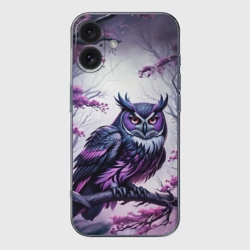 Чехол для iPhone 16 силиконовый с защитой камеры Черно фиолетовая сова сидит на ветке