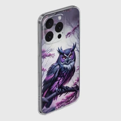 Чехол для iPhone 16 Pro Max силиконовый с защитой камеры Черно фиолетовая сова сидит на ветке - фото 2