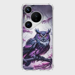 Чехол для Huawei Pura 70 Черно фиолетовая сова сидит на ветке