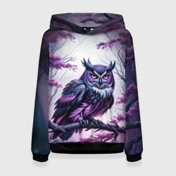 Женская толстовка 3D Черно фиолетовая сова сидит на ветке