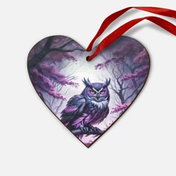 Деревянная игрушка Сердце Черно фиолетовая сова сидит на ветке