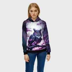 Женская толстовка 3D Черно фиолетовая сова сидит на ветке - фото 2