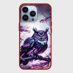 Чехол для iPhone 13 Pro Черно фиолетовая сова сидит на ветке