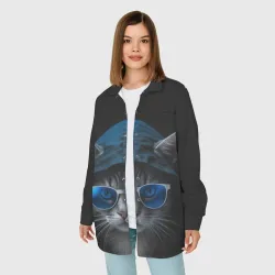 Женская рубашка oversize 3D Кот хакер в очках и капюшоне - фото 2