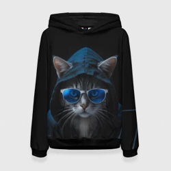 Женская толстовка 3D Кот хакер в очках и капюшоне