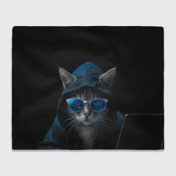 Плед 3D Кот хакер в очках и капюшоне