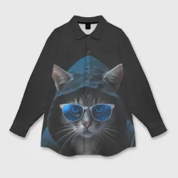 Женская рубашка oversize 3D Кот хакер в очках и капюшоне