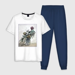 Мужская пижама с белой футболкой хлопок Цветы Хёнджина