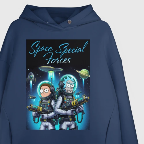 Женское худи Oversize хлопок с принтом Rick and Morty - space special forces, фото на моделе #1