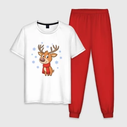 Мужская пижама с белой футболкой хлопок Олень и снежинки