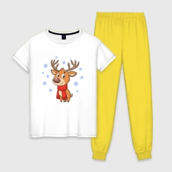 Женская пижама с белой футболкой хлопок Олень и снежинки