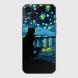Чехол для iPhone 15 силиконовый с защитой камеры Звездная ночь над Роной и кот - Ван Гог