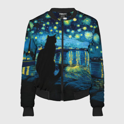 Женский бомбер 3D Звездная ночь над Роной и кот - Ван Гог