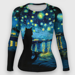 Женский рашгард 3D Звездная ночь над Роной и кот - Ван Гог
